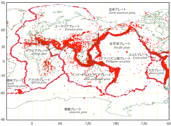 世界の主なプレートと地震の分布
