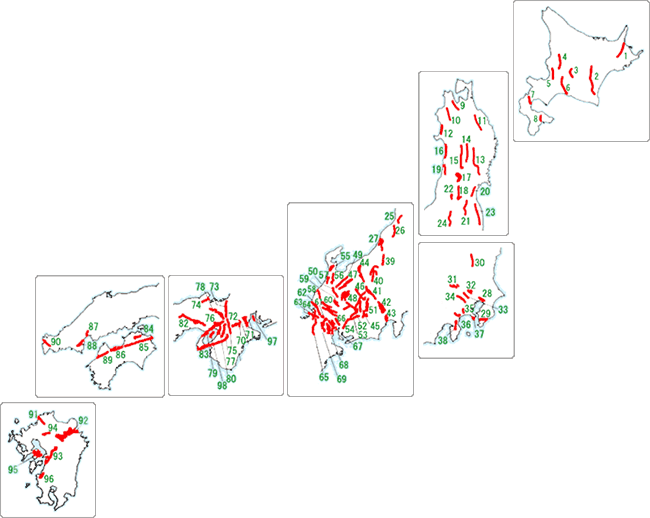 活断層地図 主要活断層 98断層帯のリスト