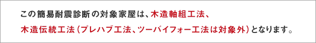 このウッドピタの簡易耐震診断の対象家屋は、木造軸組工法、木造伝統工法（プレハブ工法、ツーバイフォー工法は対象外）となります。